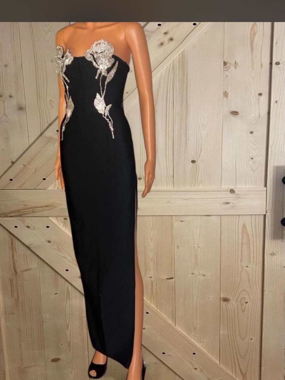 Fashion Nova Black Strapless Gown with Silver Floral Embellishment